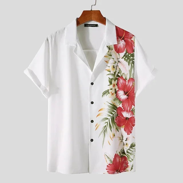 Men's Floral Tropical Linen Hawaiian Short Sleeve Button Up Shirt