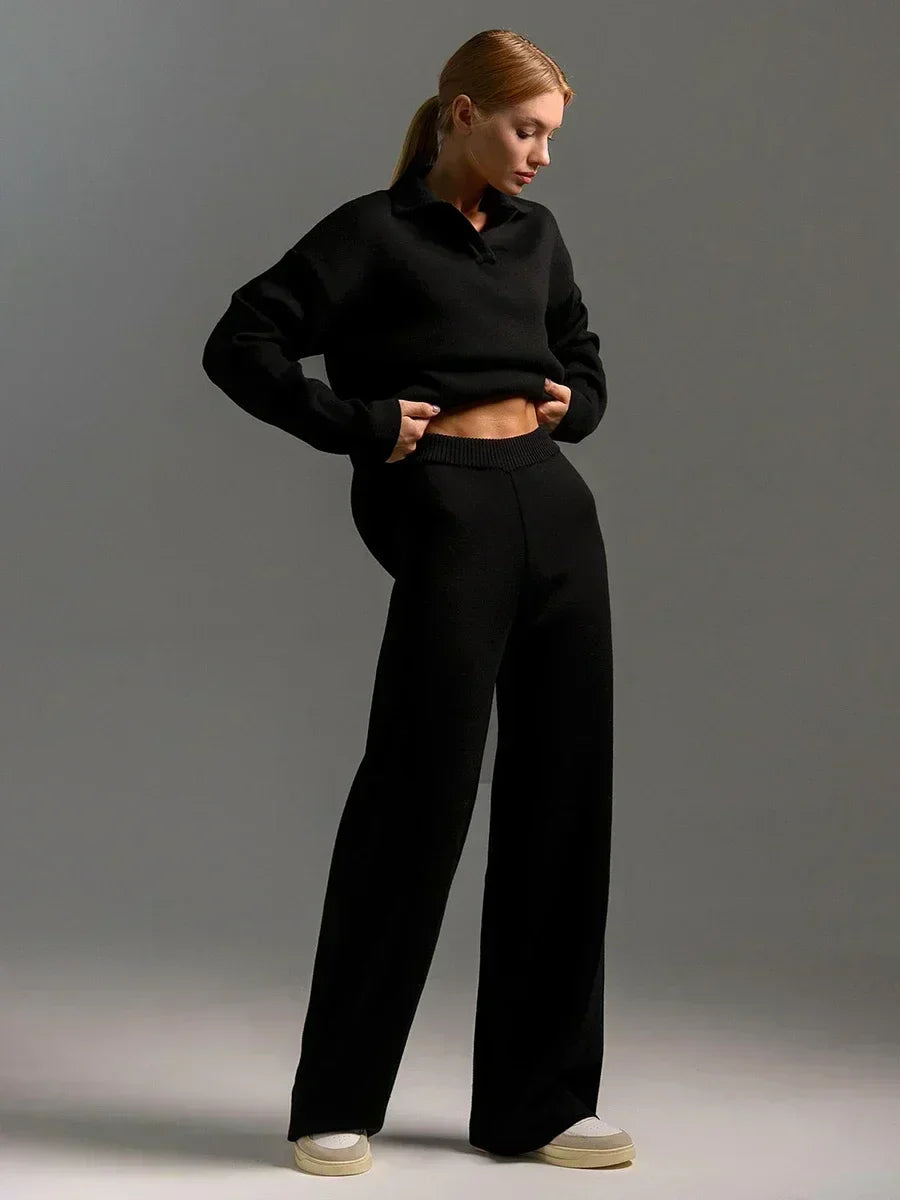 Women's Knit Collar Sweatshirt & Wide Leg Pants Two Piece Set