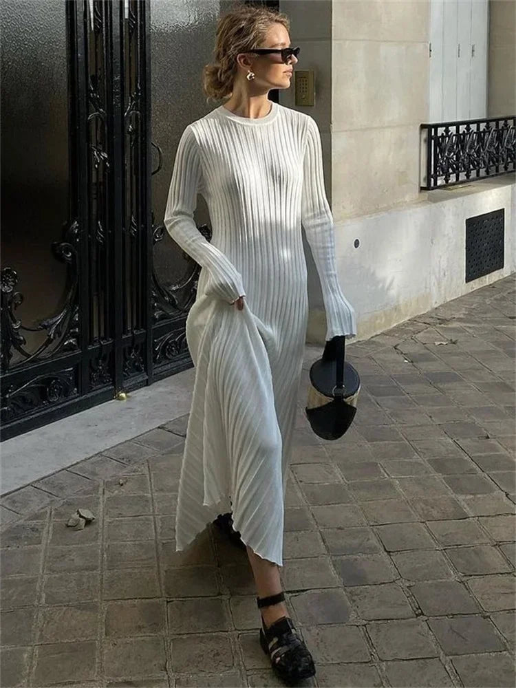Knit Maxi Dress for Women Ribbed Long Sleeve Dress