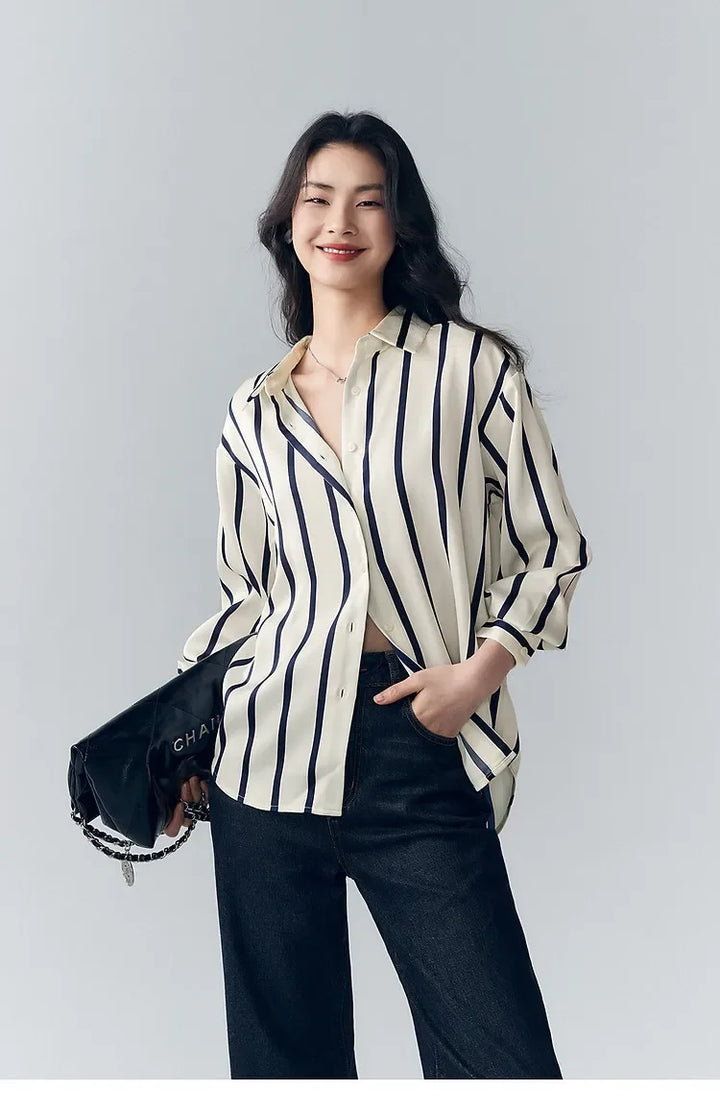 Women's Striped Long Sleeve Linen Shirt Button Up Blouse Tops