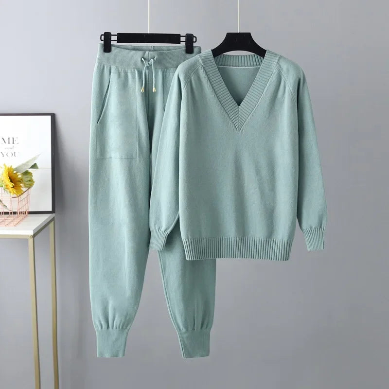 Women's Wool-Knit V-Neck Two Piece Loungewear Set