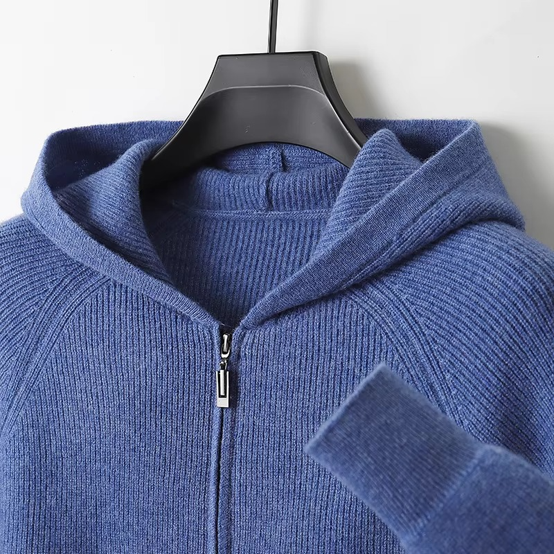 Męska bluza z kapturem, w pełni rozpinana, z dzianiny z wełny merino, typu sweter kurtka