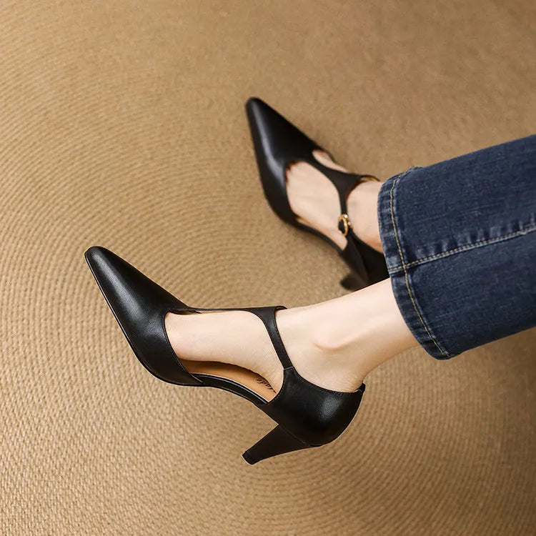 Women's Leather T-Strap High Heels Pointed Toe Pumps Shoes