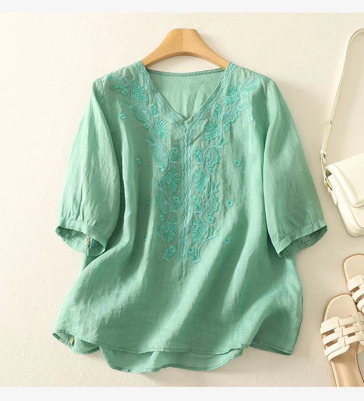 Women's Linen Embroidered Blouse V-Neck Casual Short Sleeve Top