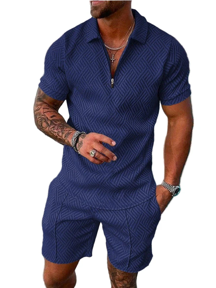 Men's Knit Quarter-Zip Polo Shirt and Shorts Two-Piece Set