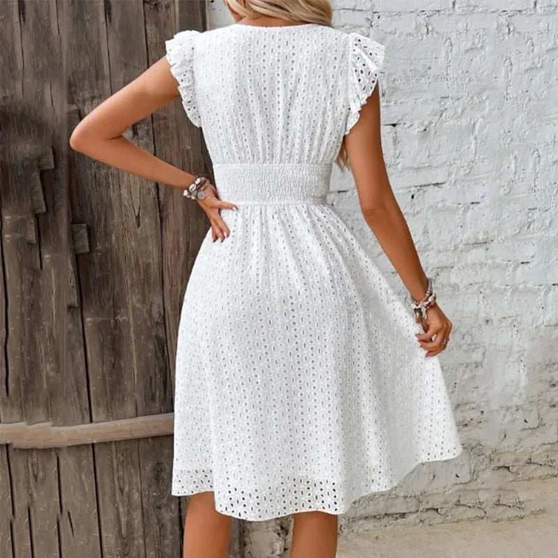 Women's Lace V Neck A Line Midi Dress