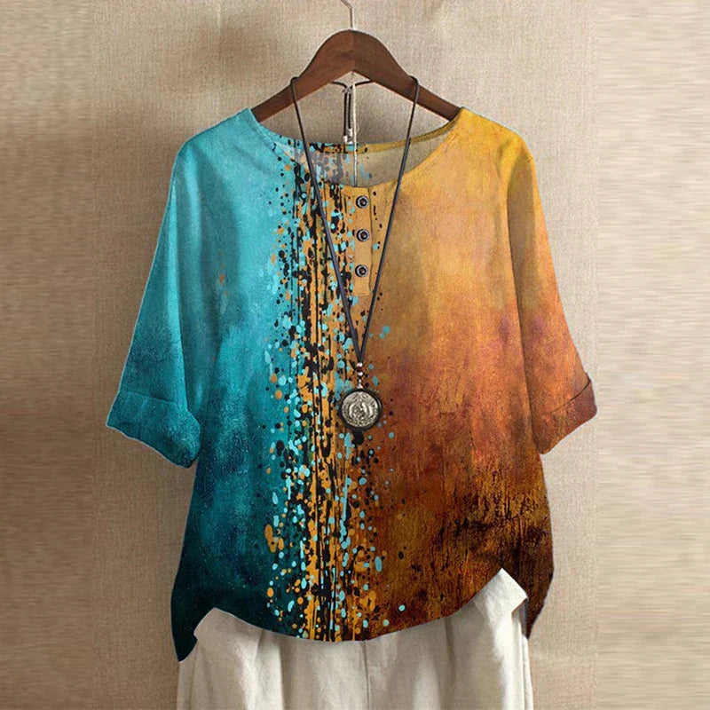 Women's Boho Floral Round Neck 3/4 Sleeve Tunic Blouse Tops