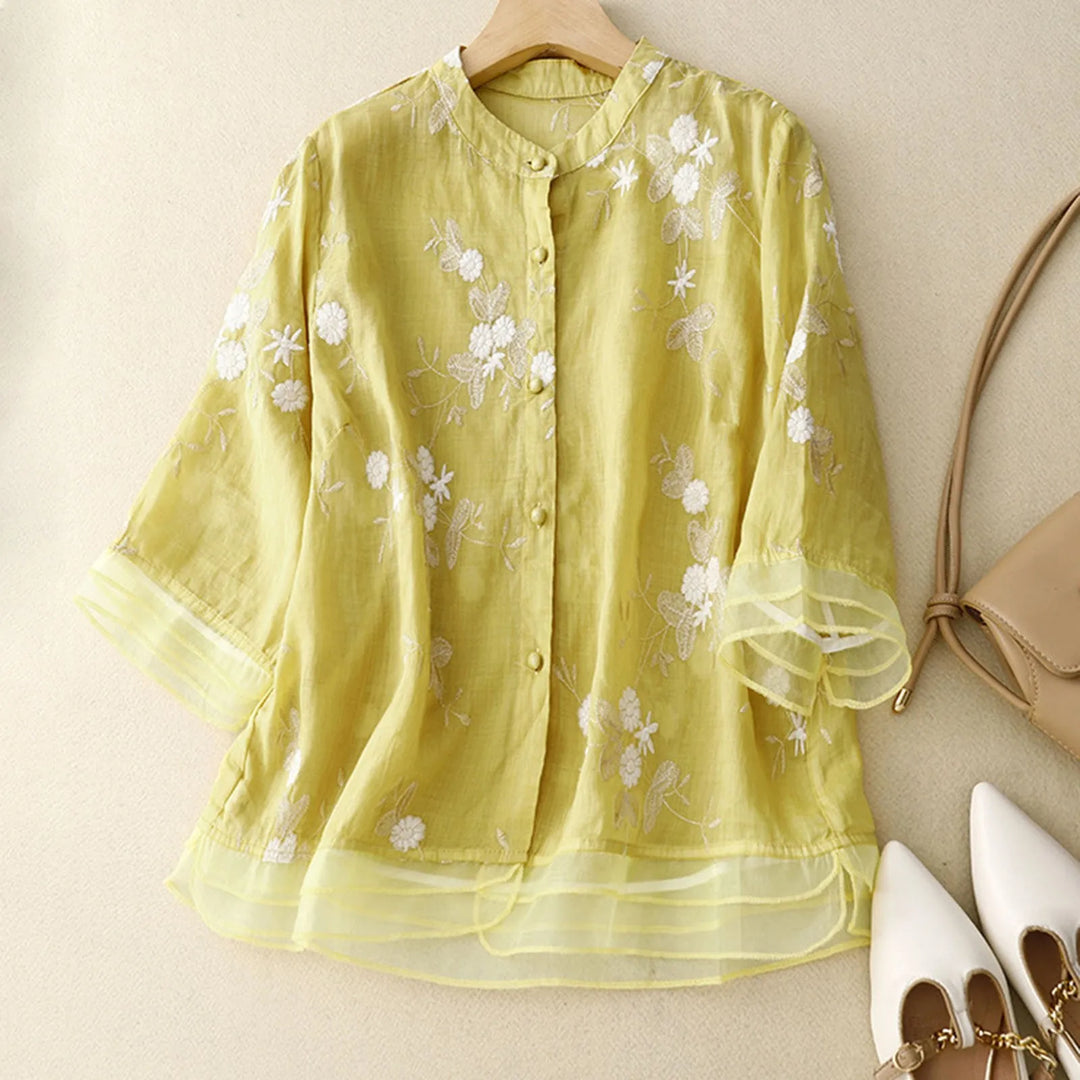 Women's Floral Embroidered Linen Blend Blouse Shirt Top