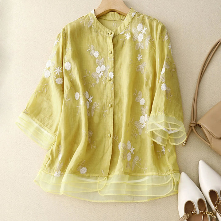 Women's Floral Embroidered Linen Blend Blouse Shirt Top