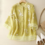 Women's Floral Embroidered Linen Blend Blouse Shirt Top