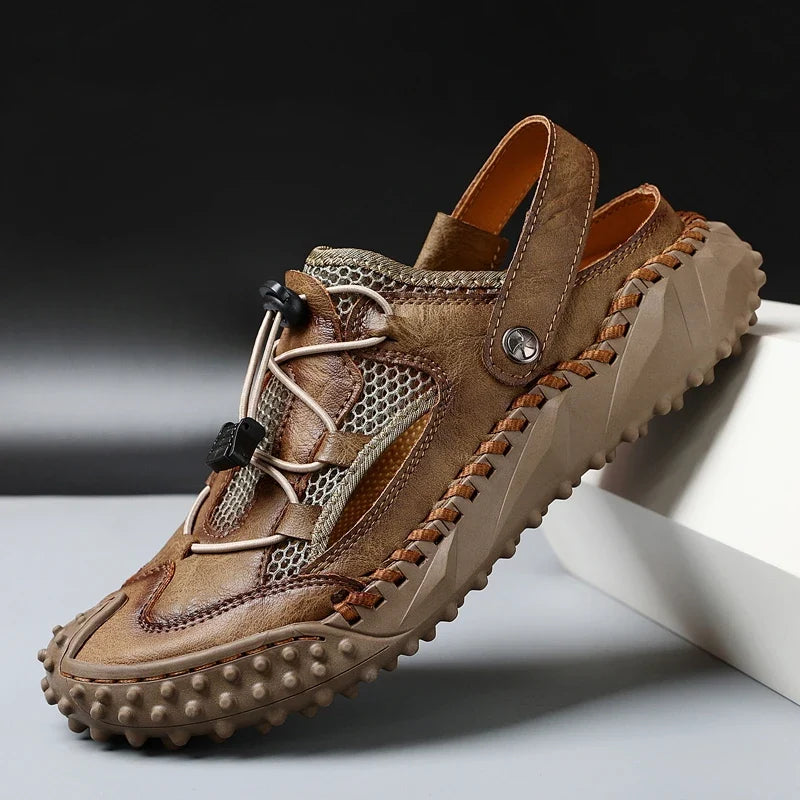 Sandales décontractées pour hommes en cuir, chaussures de randonnée d’extérieur à bout fermé