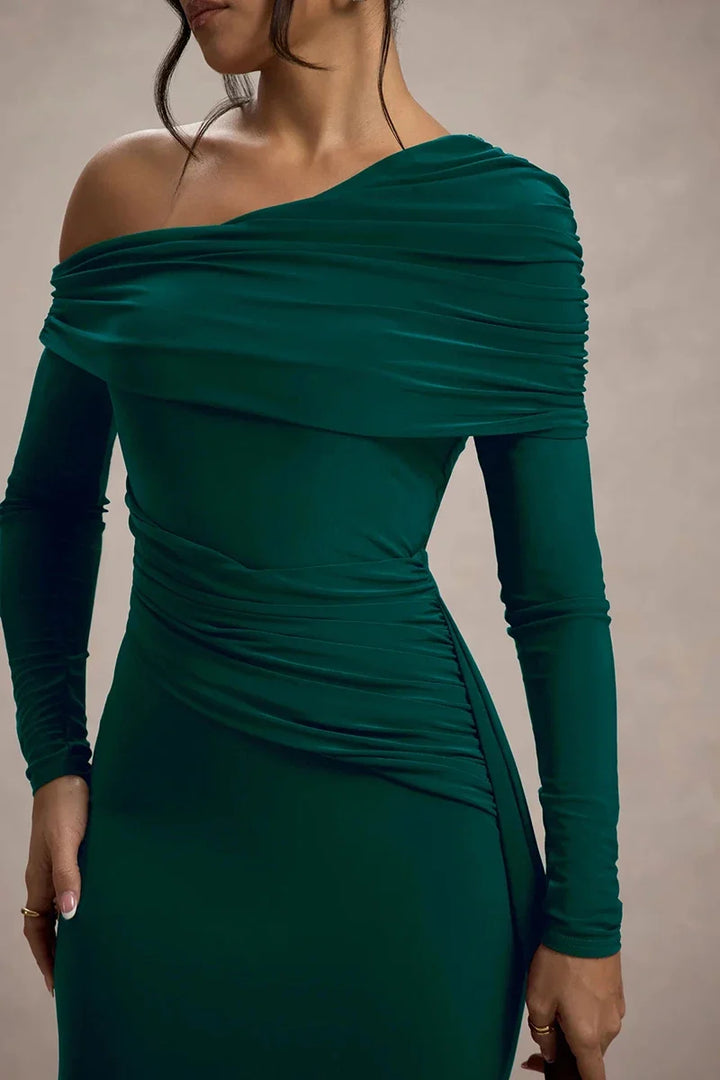 Women Knit Blend Off Shoulder Ruched Asymmetric Evening Maxi Dress