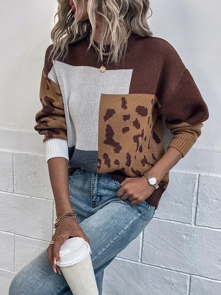 Women’s Leopard-Patchwork Crew-Neck Knit Sweater