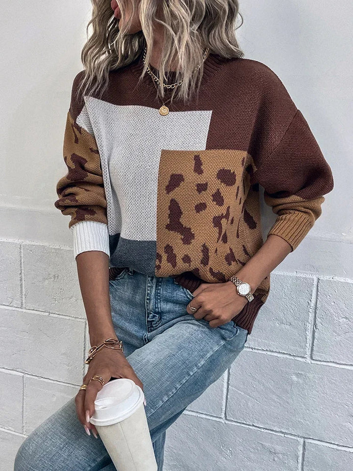 Women’s Leopard-Patchwork Crew-Neck Knit Sweater