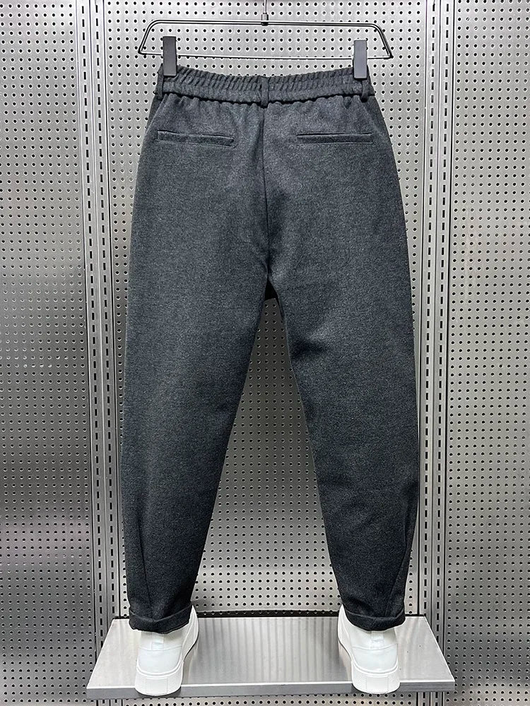 Men's Wool Pleated Tapered Trousers with Elastic Waist