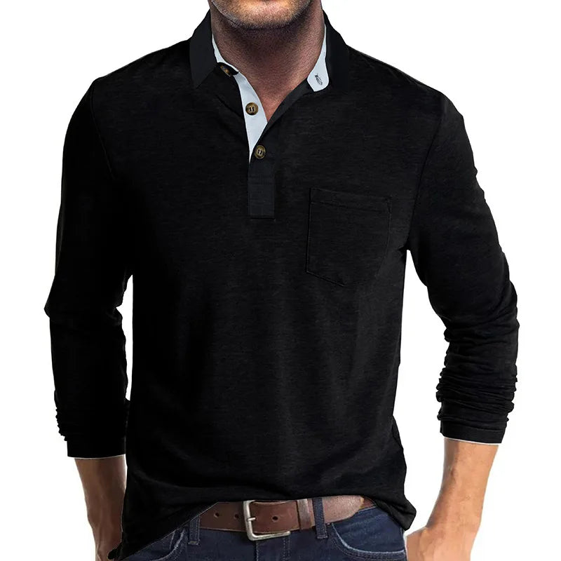 Men's Knit Long Sleeve Polo Shirt Pullover Top