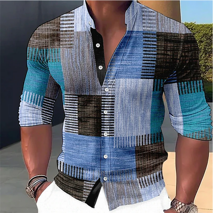 Men’s Geometric-Print Linen Mandarin Collar Shirt