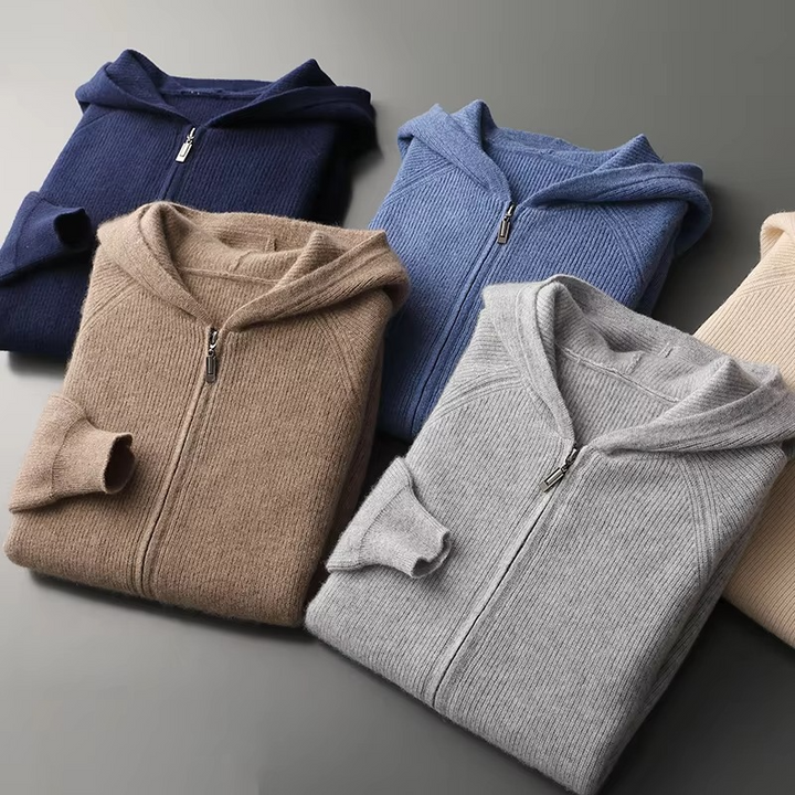 Męska bluza z kapturem, w pełni rozpinana, z dzianiny z wełny merino, typu sweter kurtka