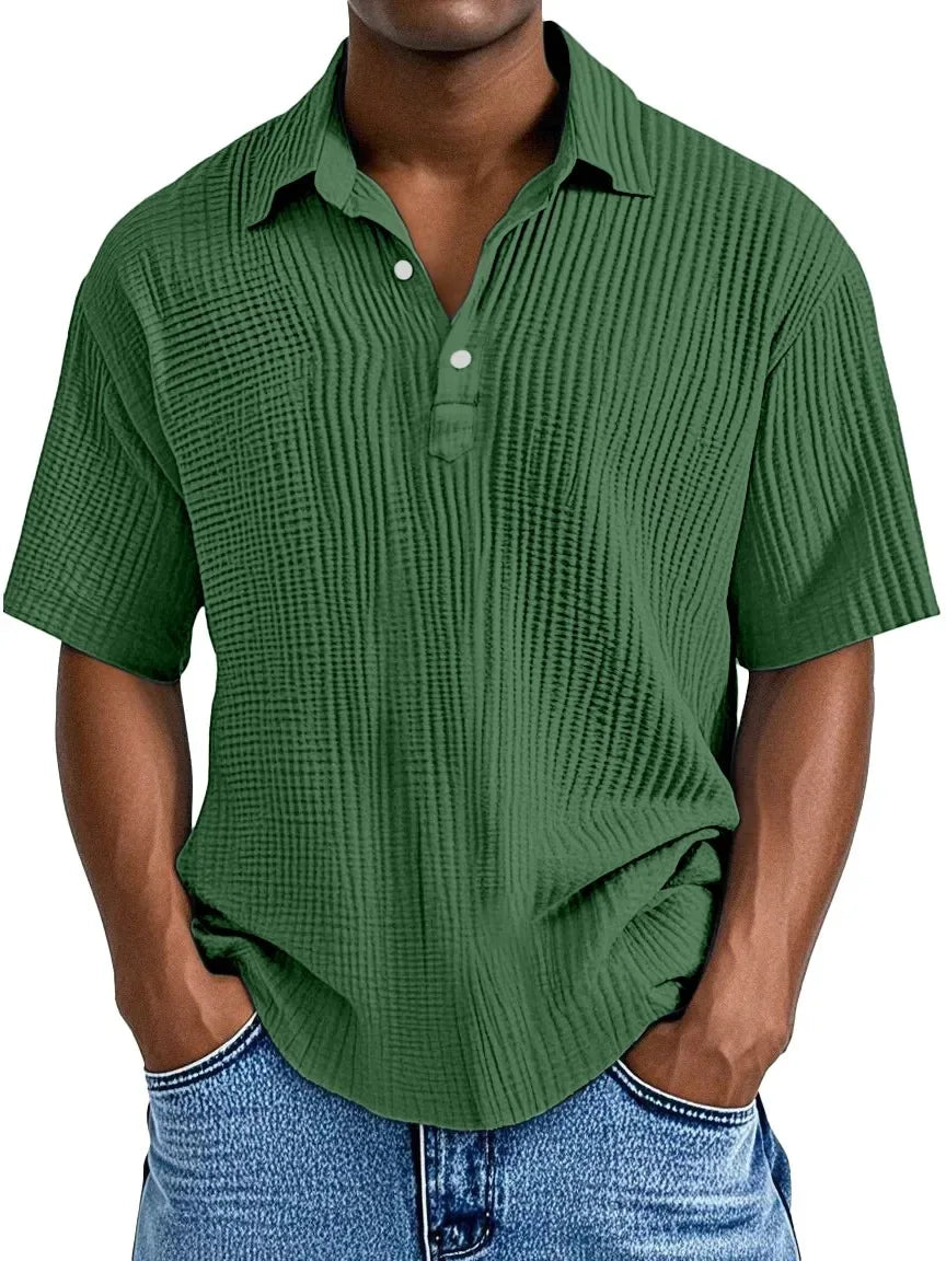 Men's Ribbed Knit Polo Shirt Short Sleeve Casual Top