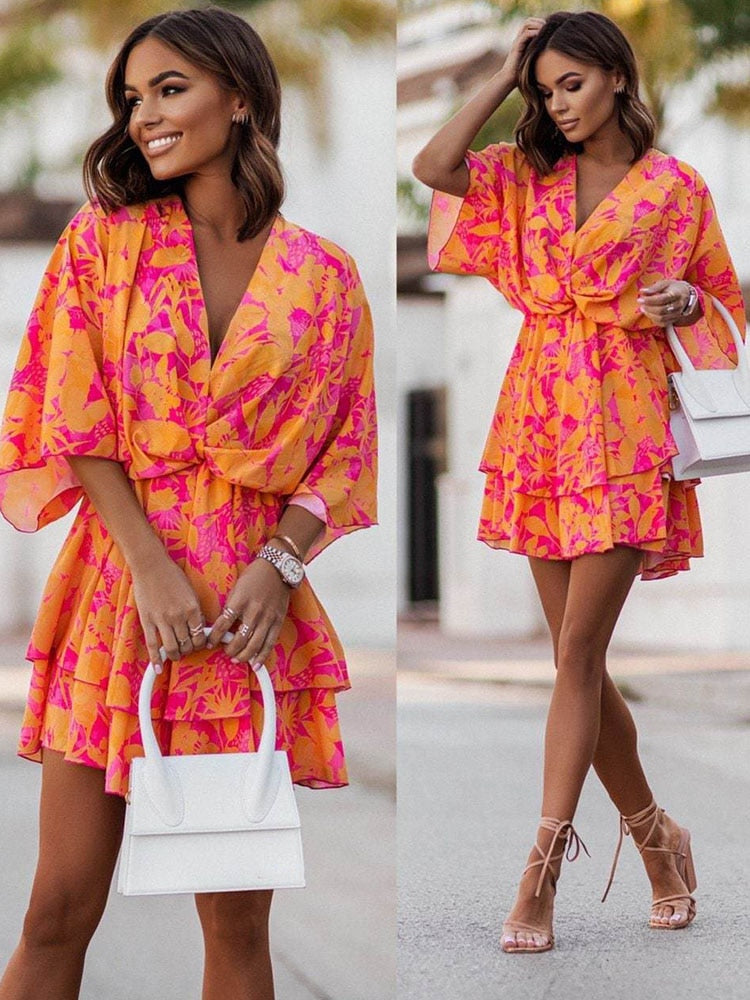 Women's Floral Chiffon Mini Dress V-Neck Ruffle Sun Dress