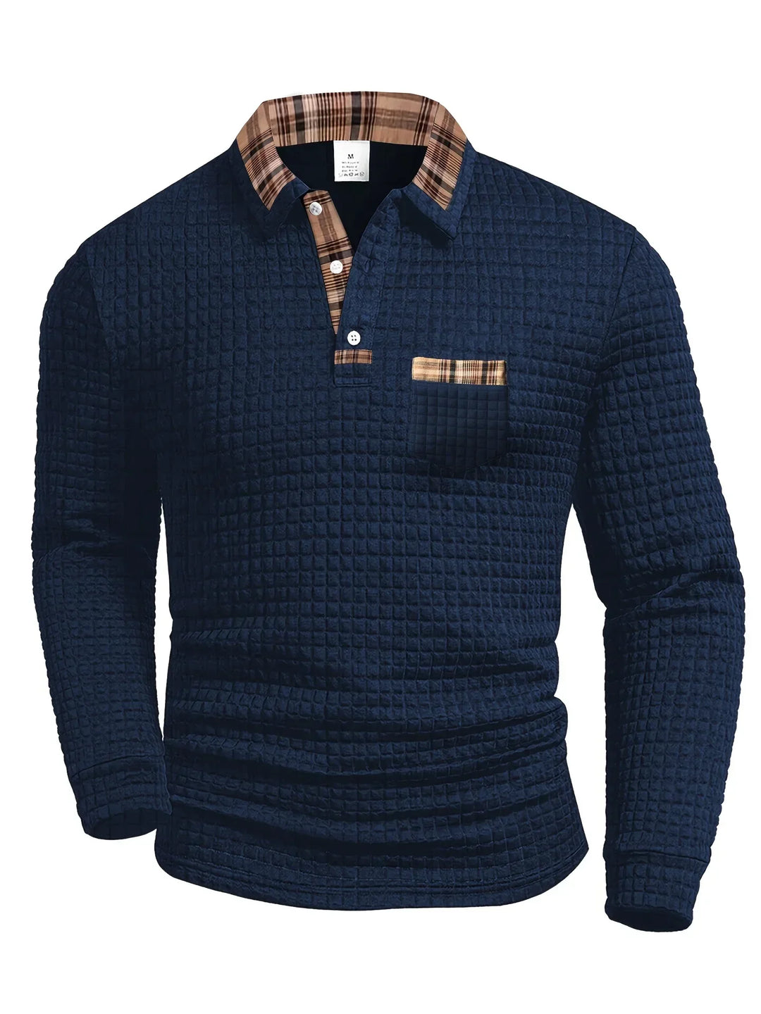 Polo à carreaux à manches longues pour homme, en maille mélangée