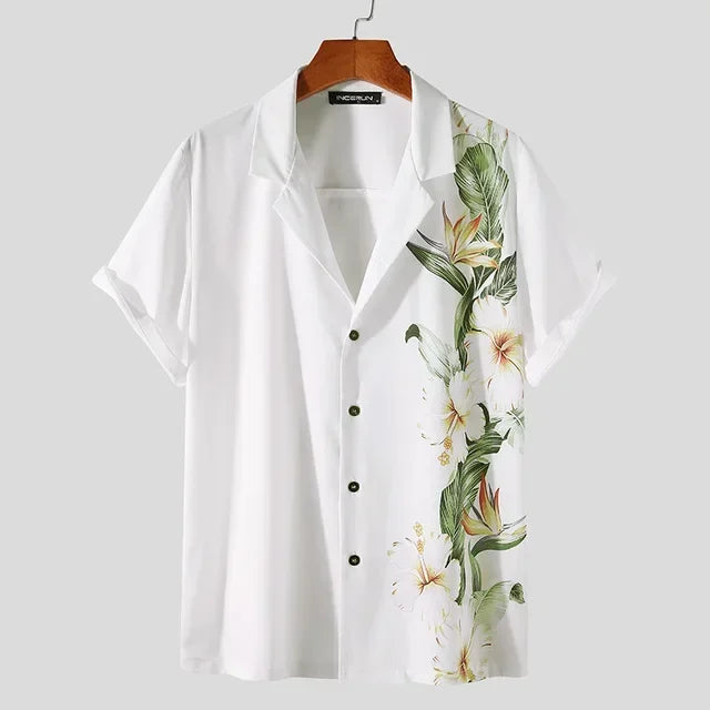 Men's Floral Tropical Linen Hawaiian Short Sleeve Button Up Shirt