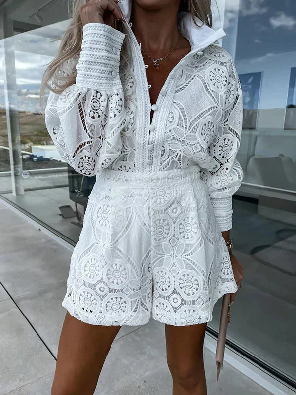Women's Crochet Lace 2-Piece Set Long Sleeve Shirt and Shorts