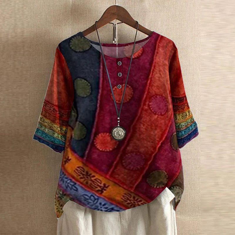 Women's Boho Floral Round Neck 3/4 Sleeve Tunic Blouse Tops