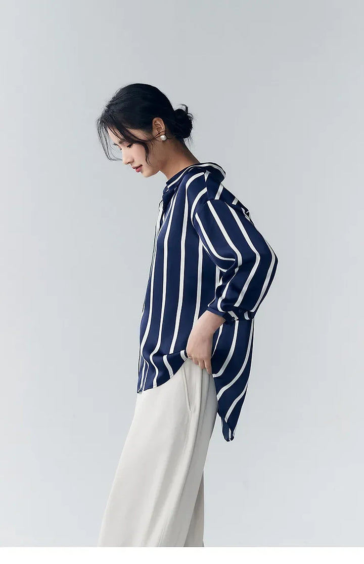 Women's Striped Long Sleeve Linen Shirt Button Up Blouse Tops