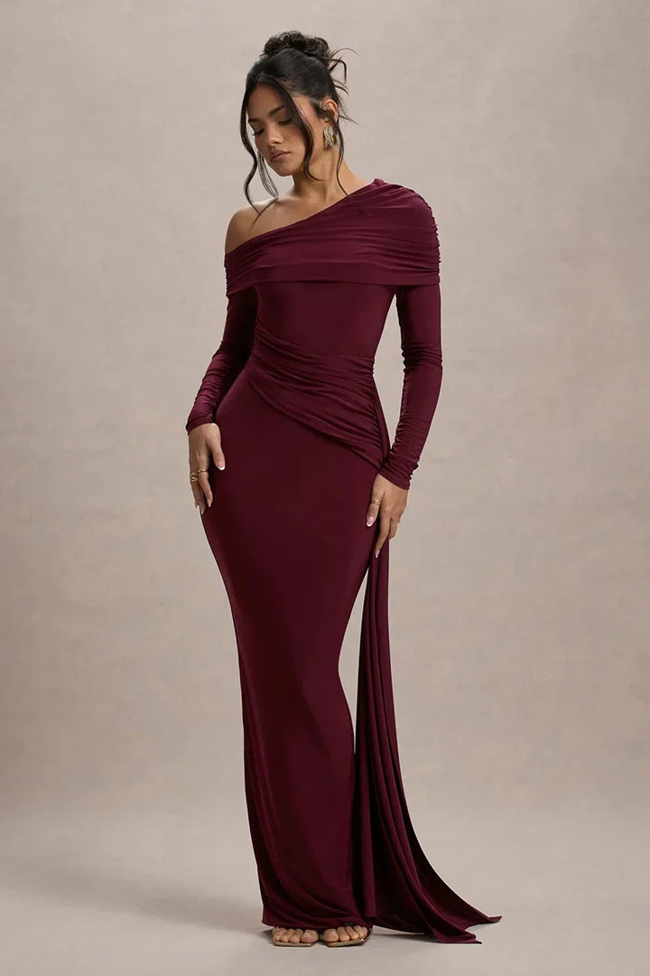 Women Knit Blend Off Shoulder Ruched Asymmetric Evening Maxi Dress