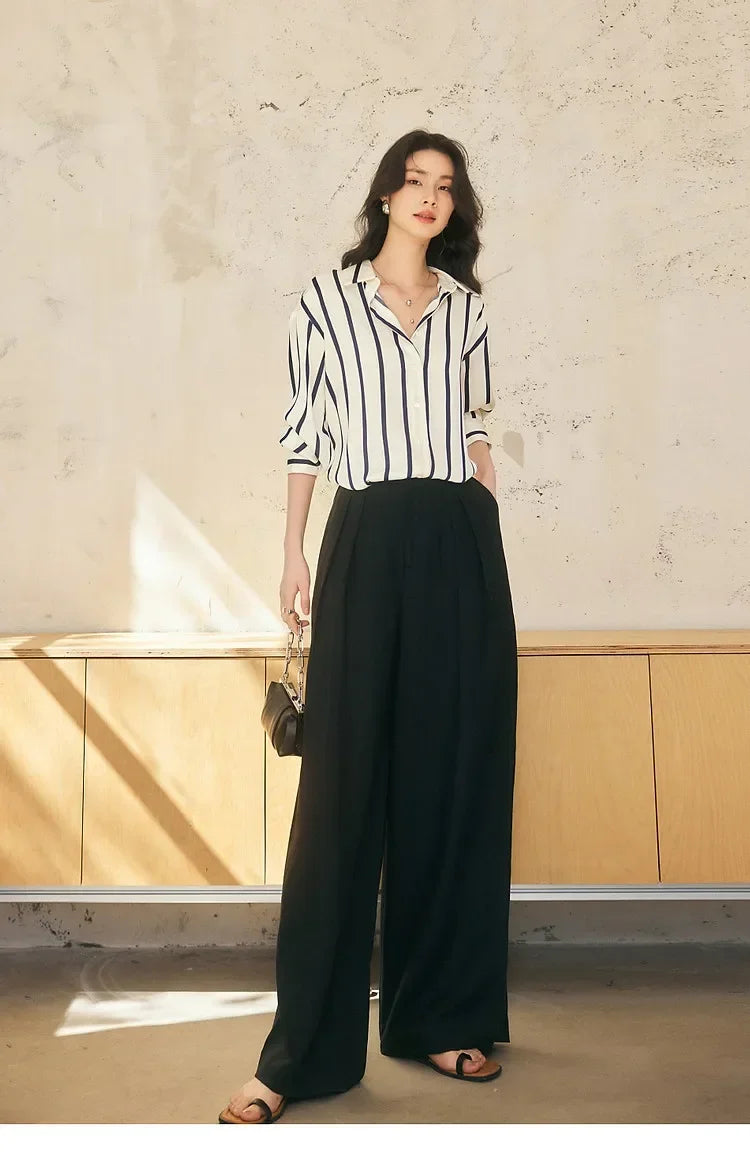 Women's Striped Long Sleeve Linen Shirt Button Up Blouse Tops