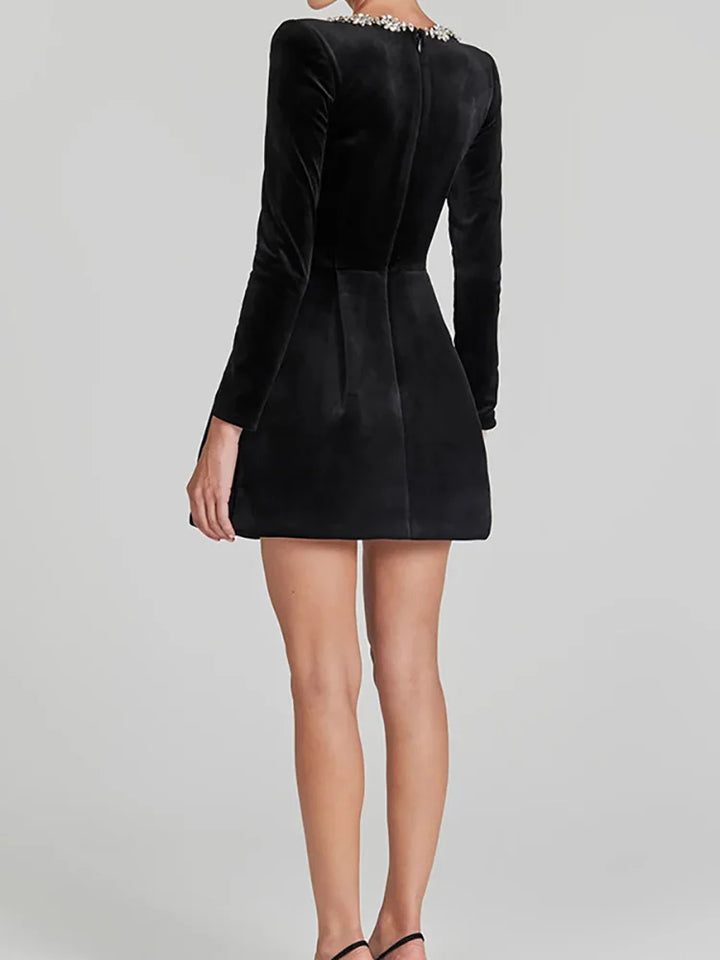 Women's Embellished Square Neck Long Sleeve Velvet Mini Dress