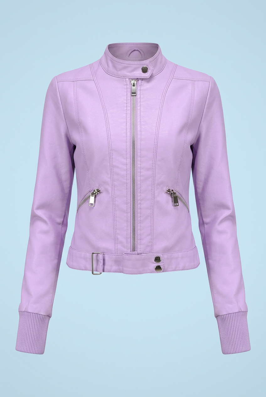 Veste de motard en cuir pour femme, coupe ajustée, fermeture zippée, manteau court
