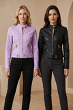 Veste de motard en cuir pour femme, coupe ajustée, fermeture zippée, manteau court