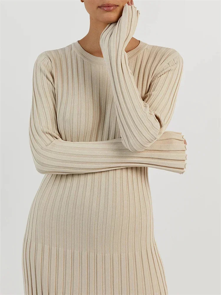 Knit Maxi Dress for Women Ribbed Long Sleeve Dress