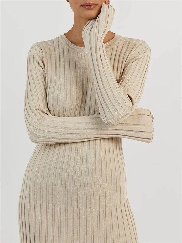 Knit Maxi Dress for Women Ribbed Long Sleeve Dress