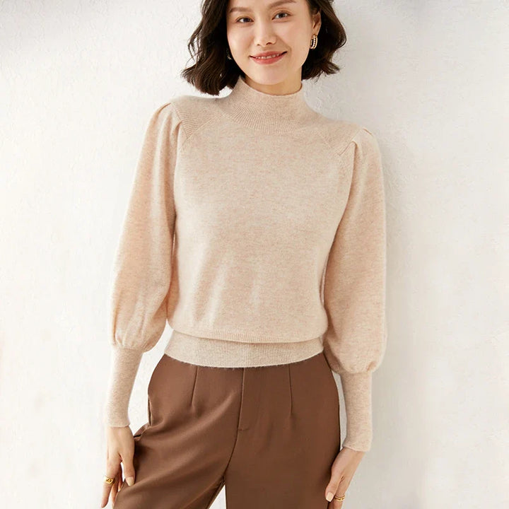 Women's Merino Wool Mock Neck Long Sleeve Knit Pullover Jumper
