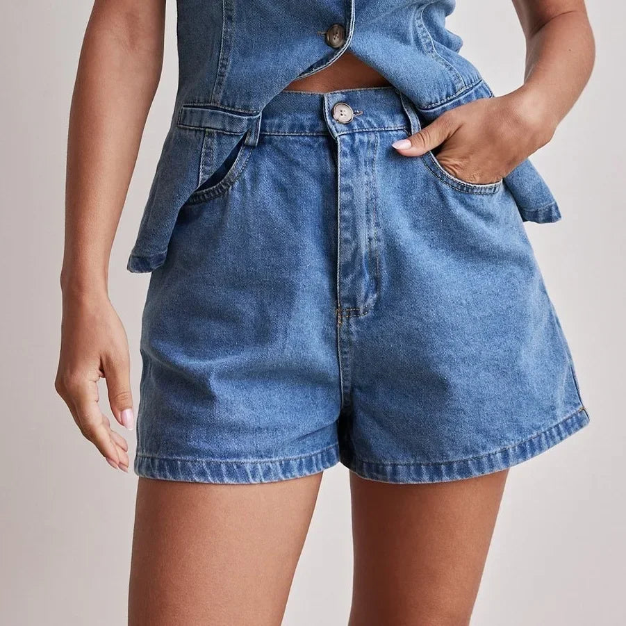 Short en jean pour femme, taille haute, coupe décontractée et ajustée