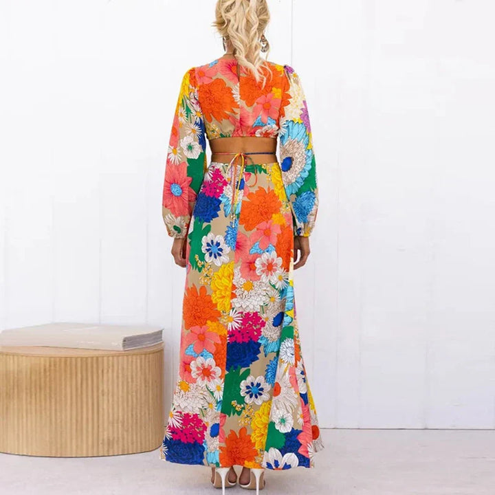 Women Linen Floral A-Line Long Sleeve Maxi Dress