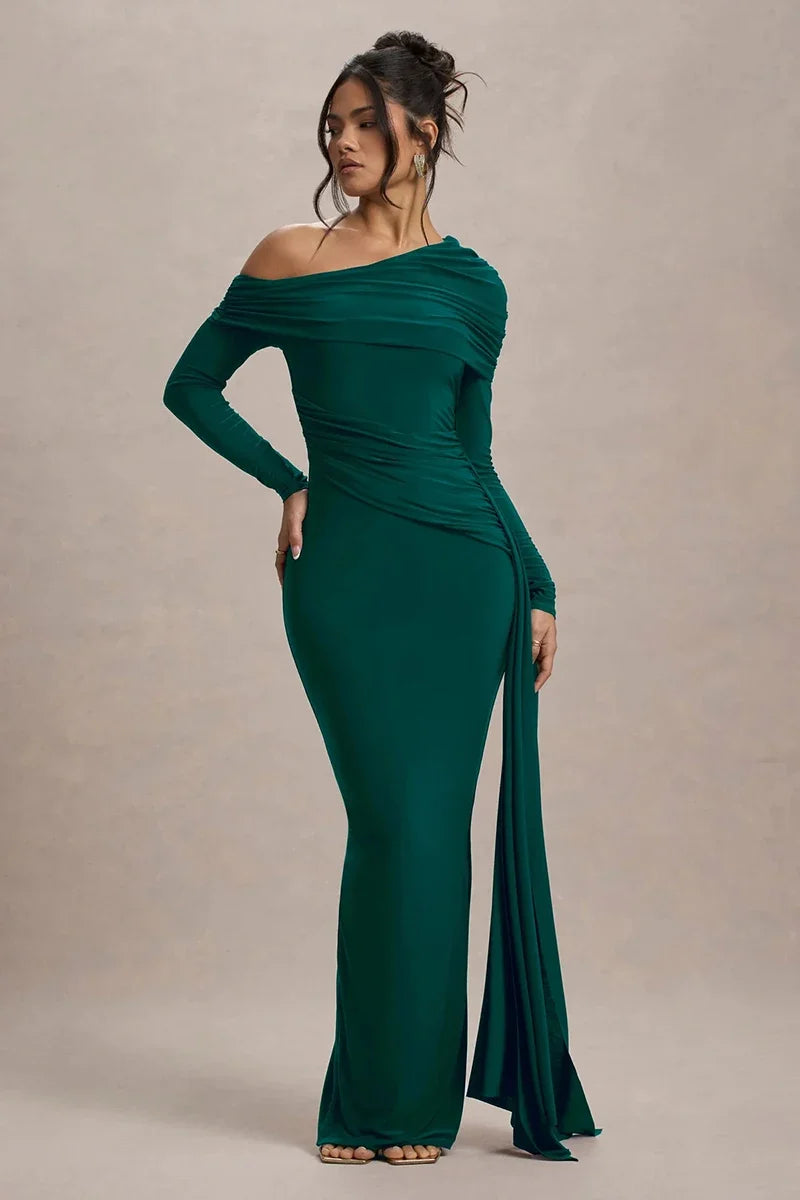 Women Knit Blend Off Shoulder Ruched Asymmetric Evening Maxi Dress