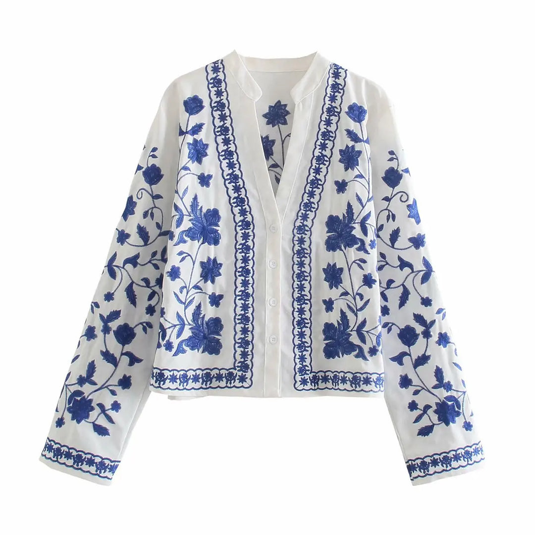 Veste cardigan pour femme en mélange de denim, ornée de broderies florales