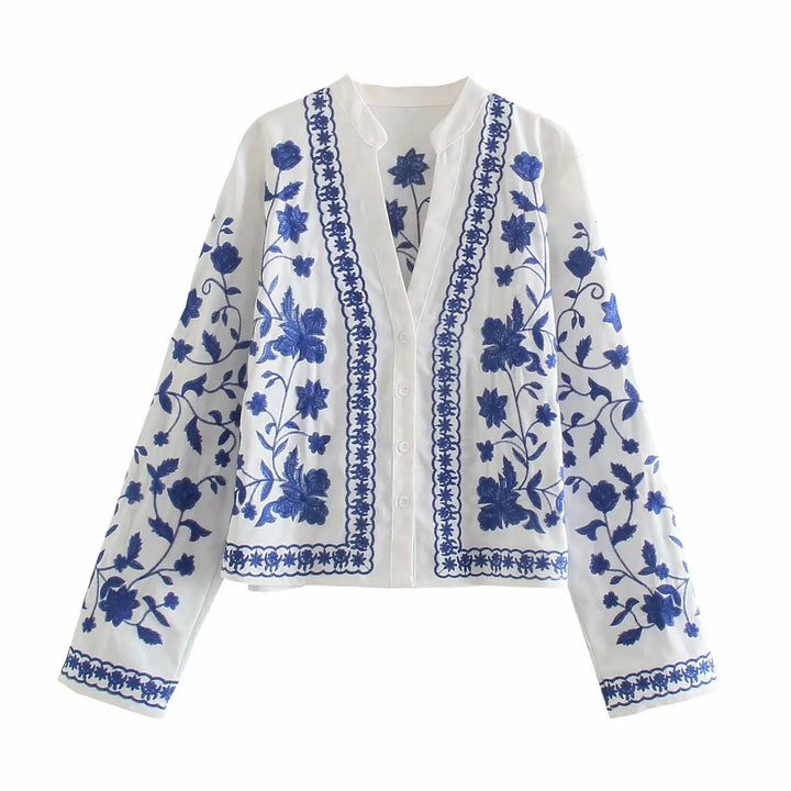 Veste cardigan pour femme en mélange de denim, ornée de broderies florales