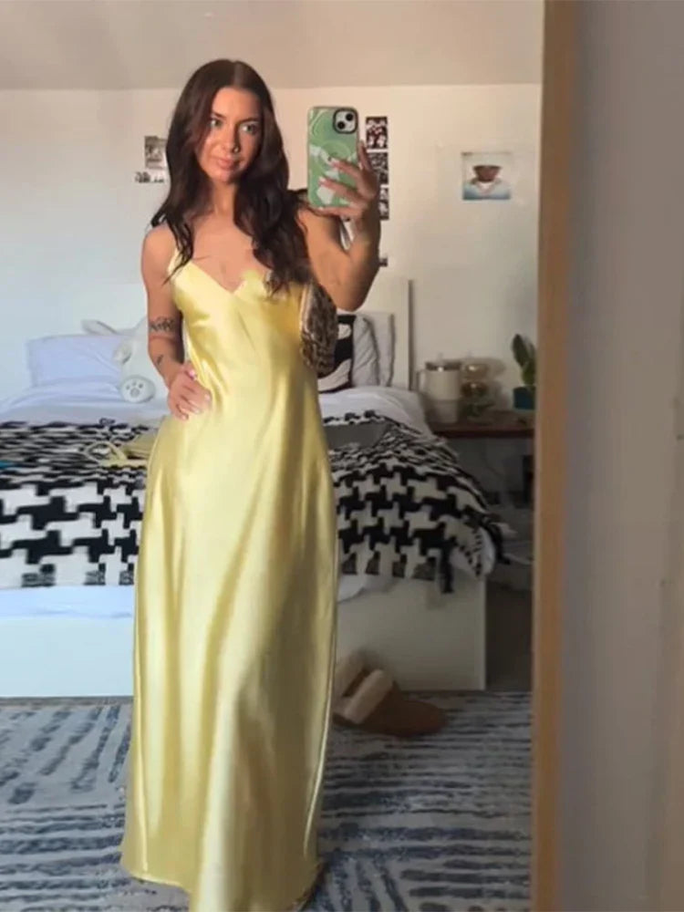 Women's Satin Cowl-Neck Strappy Maxi Dress