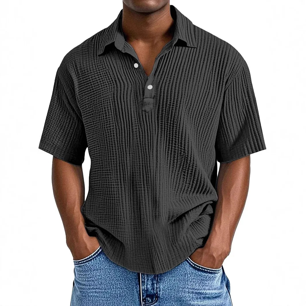 Men's Ribbed Knit Polo Shirt Short Sleeve Casual Top