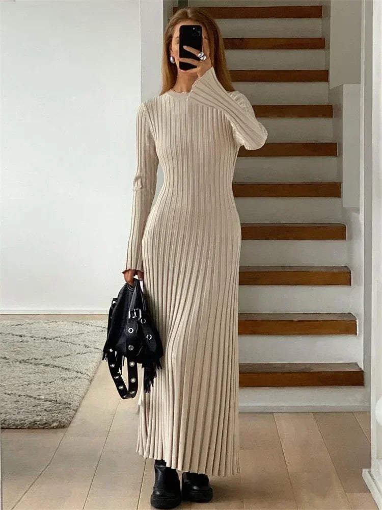 Knit Maxi Dress for Women Ribbed Long Sleeve Dress