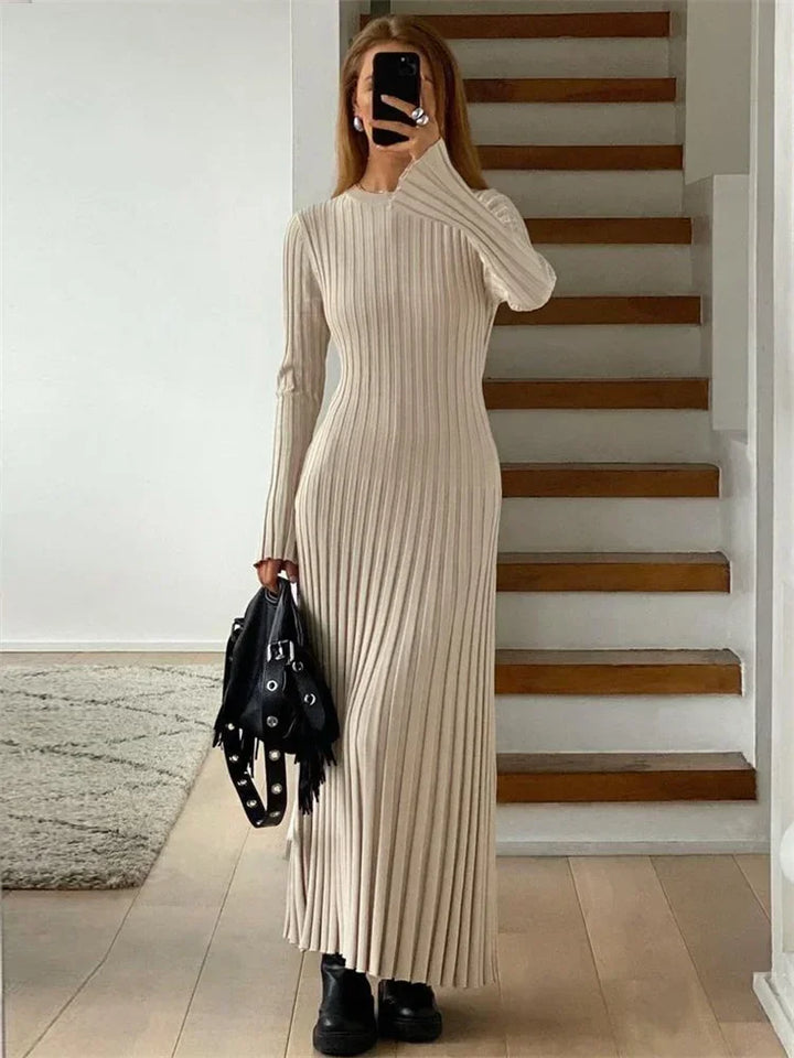Knit Maxi Dress for Women Ribbed Long Sleeve Dress