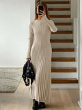 Knit Maxi Dress for Women Ribbed Long Sleeve Dress