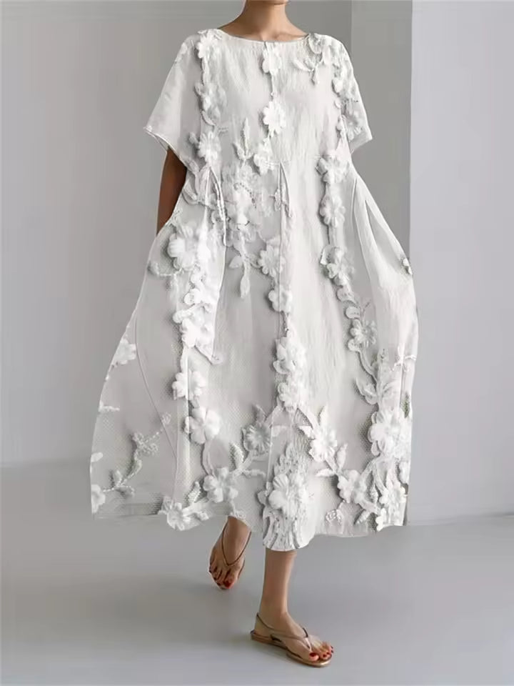 Women's Loose Linen Maxi Dress Short Sleeve Oversized Kaftan