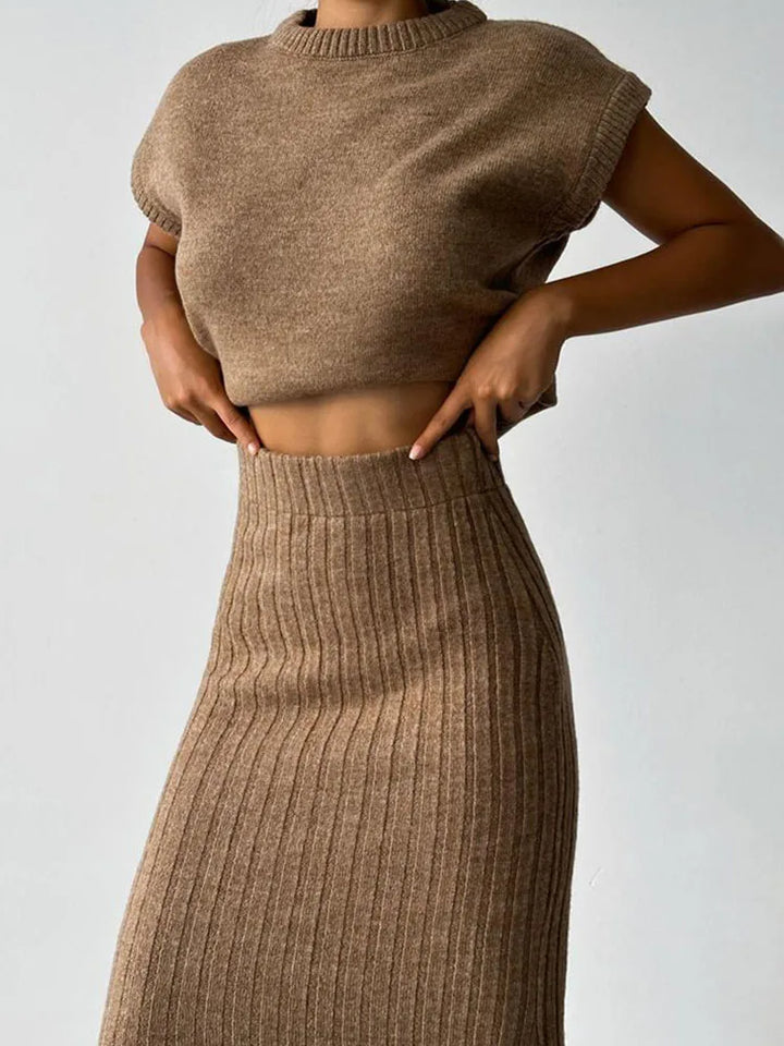 Women Knit Midi Skirt and Short Sleeve Top Two- Piece Set
