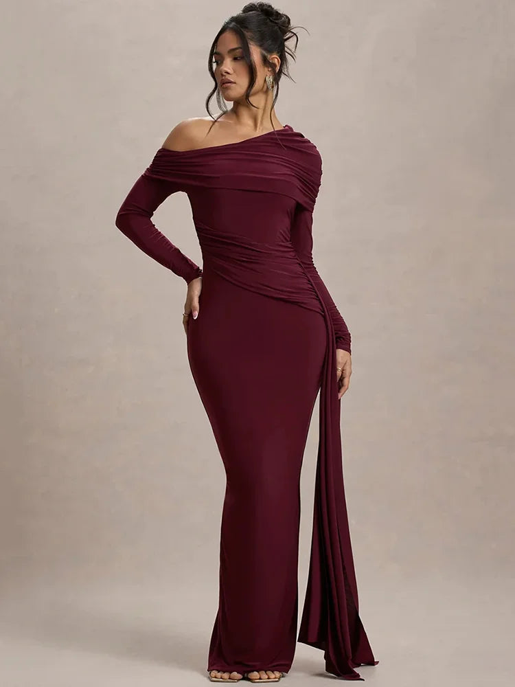 Women Knit Blend Off Shoulder Ruched Asymmetric Evening Maxi Dress